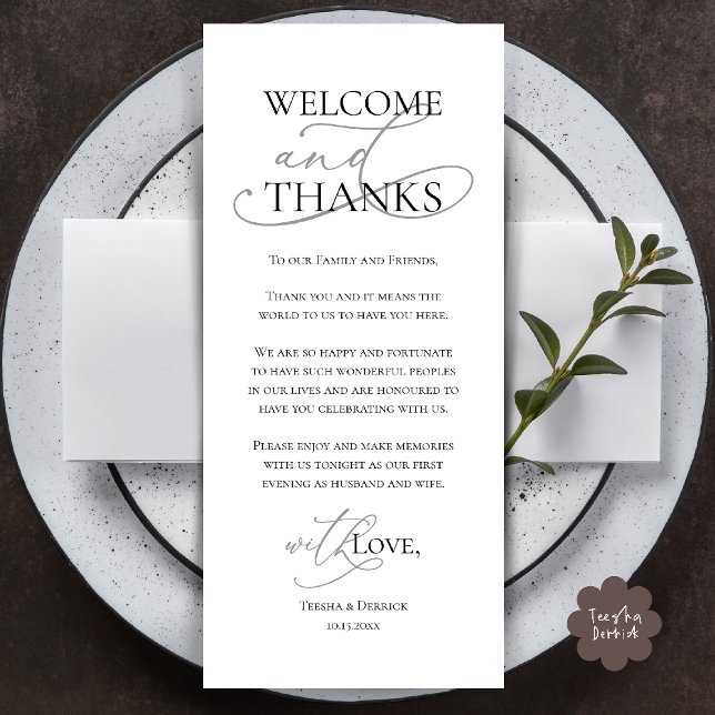 Bem-vindo e Obrigado, Cartão de Agradecimento de J (Welcome and Thanks, Wedding Dinner Thank You Card in Black Grey)