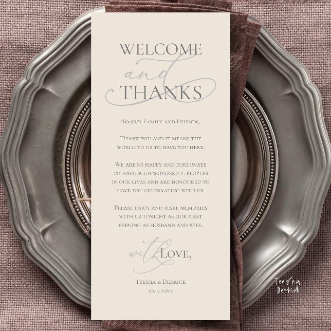 Bem-vindo e Obrigado, Cartão de Agradecimento de J (Welcome and Thanks, Wedding Dinner Thank You Card in Cream Grey)