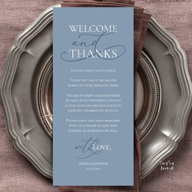Bem-vindo e Obrigado, Cartão de Agradecimento de J (Welcome and Thanks, Wedding Dinner Thank You Card in Dusty Blue)