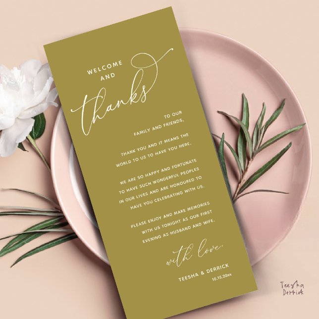 Bem-vindo e Obrigado, Cartão de Agradecimento do J (Welcome and Thanks, Happily Ever After Modern Wedding Dinner Thank You Card in Classy Yellow Gold)