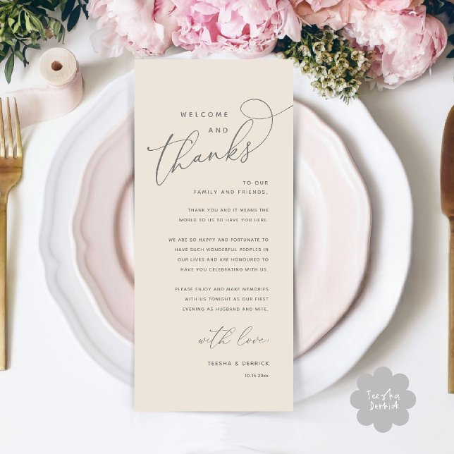 Bem-vindo e Obrigado, Cartão de Agradecimento do J (Welcome n Thanks Wedding Reception Dinner Brunch Lunch Thank You Card in Cream Grey)