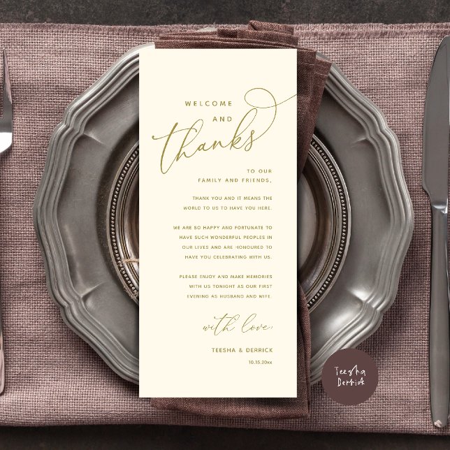 Bem-vindo e Obrigado, Cartão de Agradecimento do J (Welcome n Thanks Wedding Reception Dinner Brunch Lunch Thank You Card in Yellow Gold)