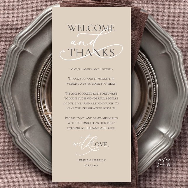 Bem-vindo e Obrigado, Cartão de Agradecimento do J (Welcome and Thanks, Wedding Dinner Thank You Card in Cream Grey)