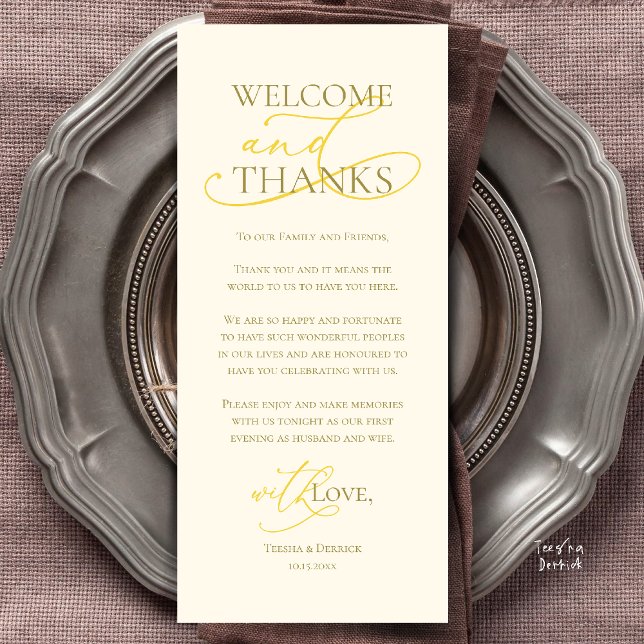 Bem-vindo e Obrigado, Cartão de Agradecimento do J (Welcome and Thanks, Wedding Dinner Thank You Card in Yellow Gold)