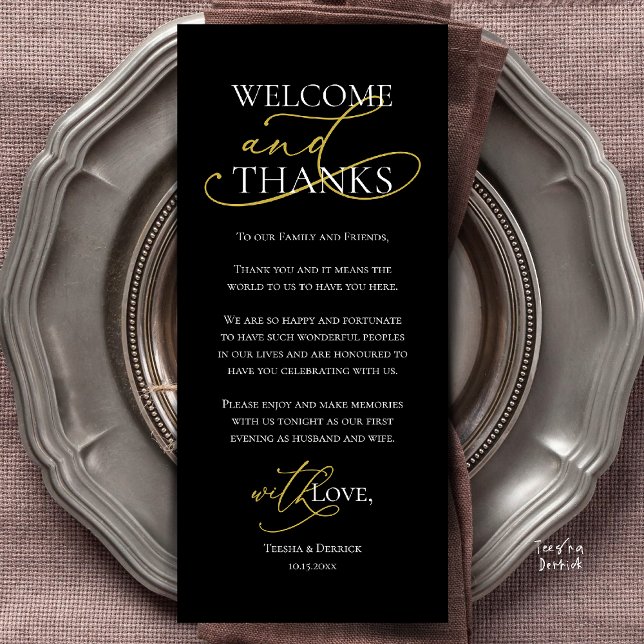 Bem-vindo e Obrigado, Cartão de Agradecimento do J (Welcome and Thanks, Wedding Dinner Thank You Card in Black Gold)