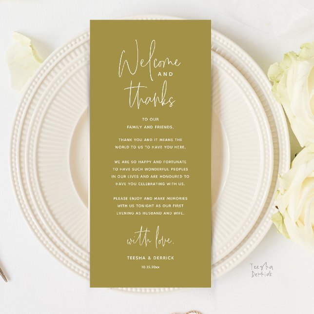 Bem-vindo e Obrigado, Cartão de Agradecimento do J (Welcome and Thanks, Wedding Dinner Thank You Card in Yellow Gold)