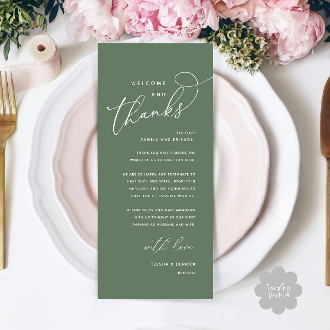 Bem-vindo e Obrigado, Cartão de Agradecimento para (Welcome n Thanks Wedding Reception Dinner Brunch Lunch Thank You Card in Sage Green)