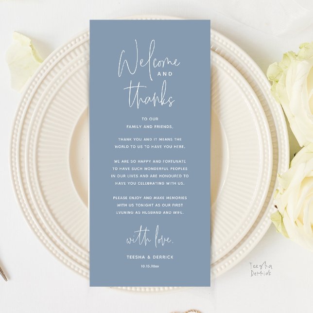 Bem-vindo e Obrigado, Cartão de Agradecimento para (Welcome and Thanks, Wedding Dinner Thank You Card in Dusty Blue)