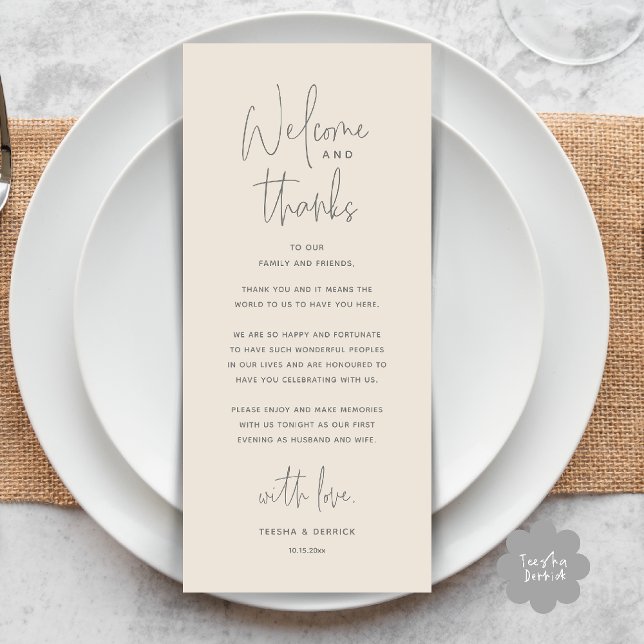 Bem-vindo e Obrigado, Cartão de Agradecimento para (Welcome and Thanks, Wedding Dinner Thank You Card in Cream Grey)