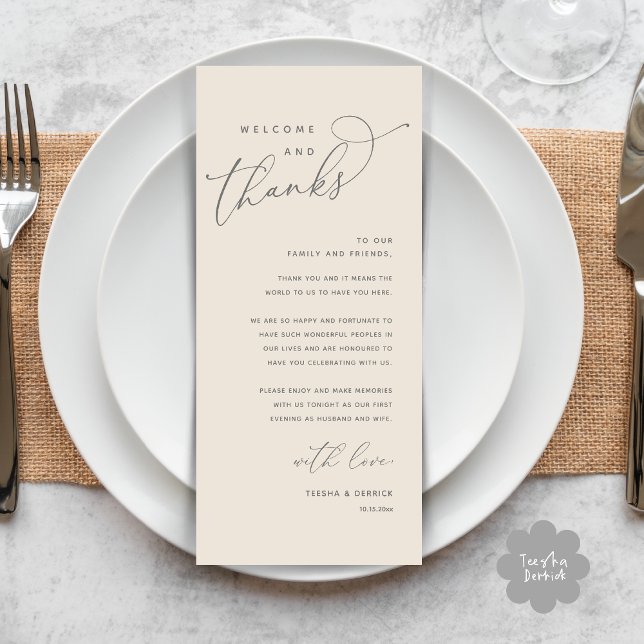 Bem-vindo e Obrigado, Cartão de Agradecimento para (Welcome and Thanks, Modern Wedding Dinner Brunch Lunch Place Setting Thank You Card in Cream Grey)