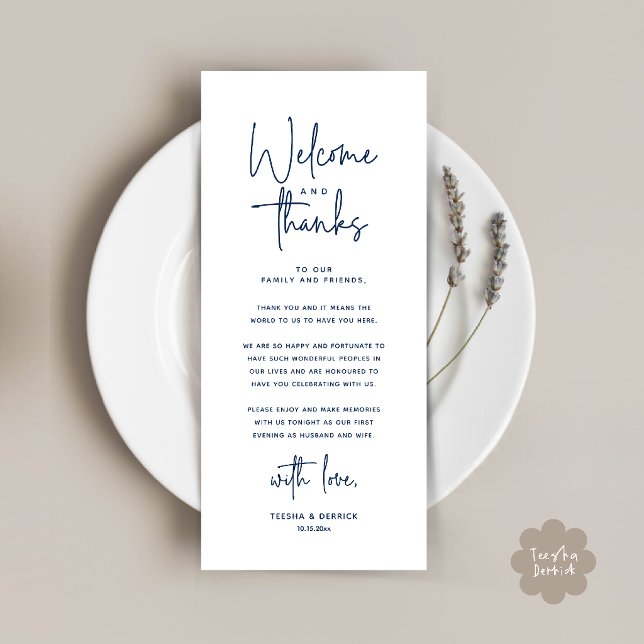 Bem-vindo e Obrigado Lugar Configuração Cartão de  (Welcome and Thanks Modern Wedding Dinner Place Setting Thank You Card in Navy Blue)