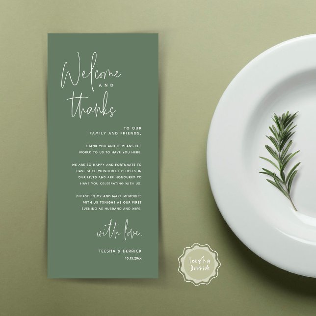 Bem-vindo e Obrigados, colocar Cartões de agradeci (Welcome and Thanks, Dinner Place Setting Thank You Card, Modern Romantic, in Forest Sage Green)