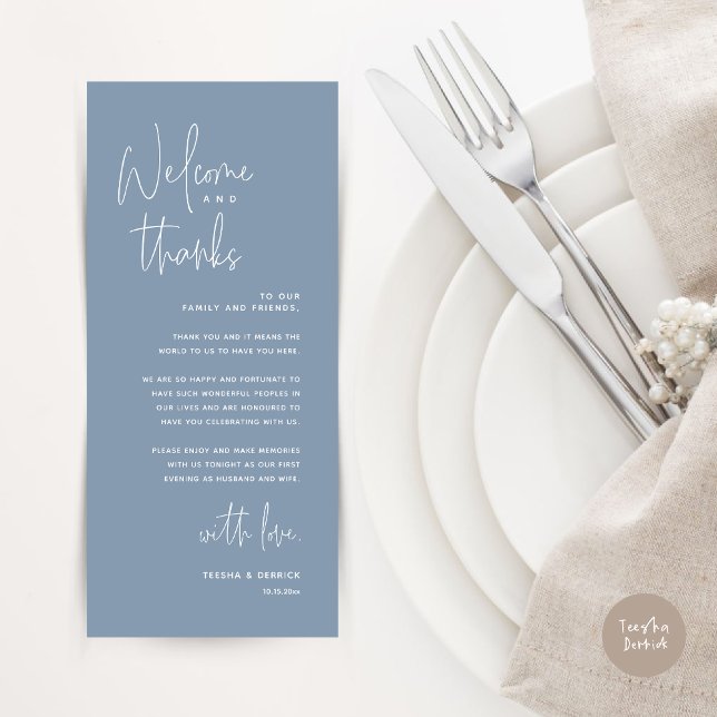 Bem-vindo e Obrigados, colocar Cartões de agradeci (Welcome and Thanks, Dinner Place Setting Thank You Card, Modern Romantic, in Dusty Blue)