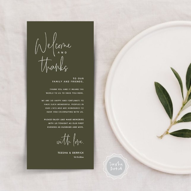 Bem-vindo e Obrigados, colocar Cartões de agradeci (Welcome and Thanks, Dinner Place Setting Thank You Card, Modern Romantic, in Olive Green)