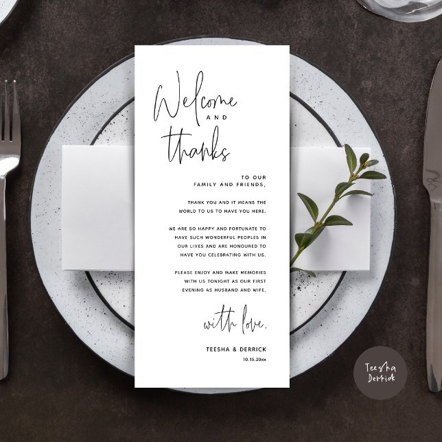 Bem-vindo e Obrigados, colocar Cartões de agradeci (Welcome and Thanks, Dinner Place Setting Thank You Card, Modern Romantic, in Black and White)