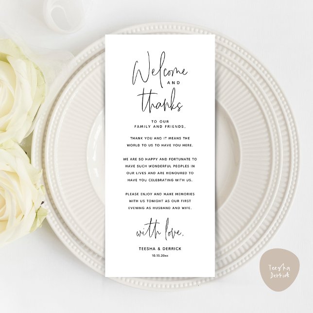 Bem-vindo e Obrigados, colocar Cartões de agradeci (Wedding Dinner Place Setting Thank You Card, Modern Minimalist, in Black and White)