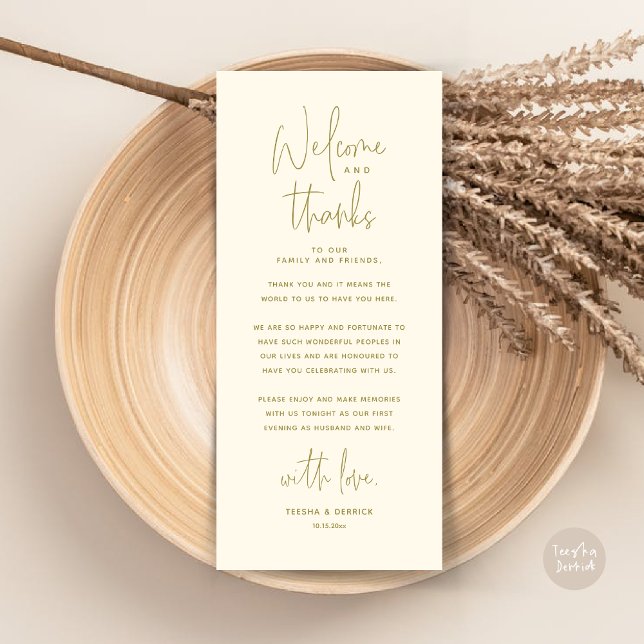 Bem-vindo e Obrigados, colocar Cartões de agradeci (Wedding Dinner Place Setting Thank You Card, Modern Minimalist, in Retro Yellow Gold)