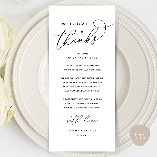 Bem-vindo e Obrigados, colocar Cartões de agradeci (Welcome and Thanks, Wedding Dinner Place Setting Thank You Card in Classy Black White)