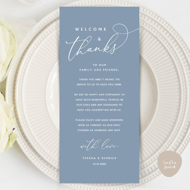 Bem-vindo e Obrigados, colocar Cartões de agradeci (Welcome and Thanks, Wedding Dinner Place Setting Thank You Card in Classy Dusty Blue)