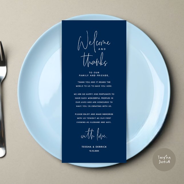 Bem-vindo e Obrigados, colocar Cartões de agradeci (Welcome and Thanks, Modern Dinner Place Setting Thank You Card, in Navy Blue)