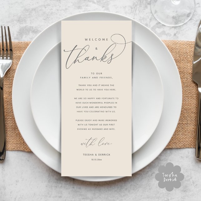 Bem-vindo e Obrigados, colocar Cartões de agradeci (Welcome and Thanks, Modern Wedding Dinner Brunch Lunch Place Setting Thank You Card in Cream Grey)