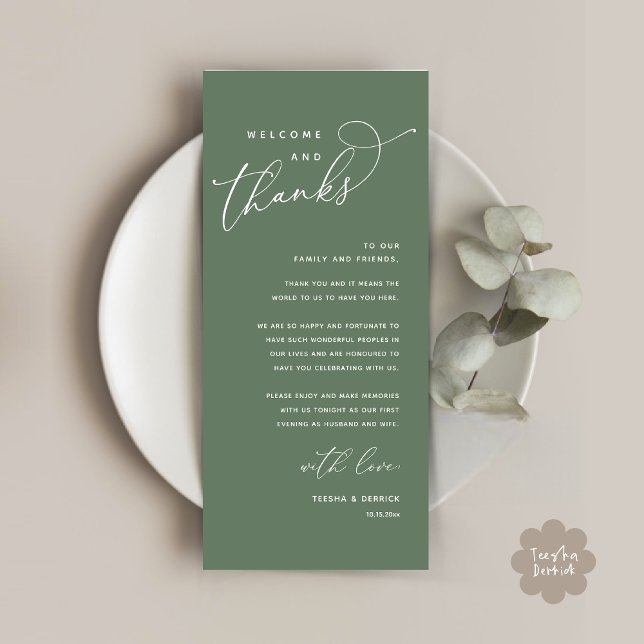 Bem-vindo e Obrigados, colocar Cartões de agradeci (Welcome and Thanks, Modern Wedding Dinner Brunch Lunch Place Setting Thank You Card in Sage Green)