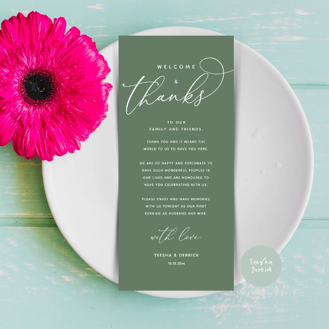 Bem-vindo e Obrigados, colocar Cartões de agradeci (Welcome and Thanks, Modern Wedding Dinner Brunch Lunch Place Setting Thank You Card in Sage Green)