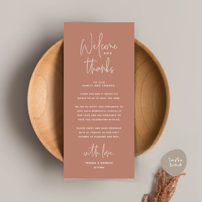 Bem-vindo e Obrigados, colocar Cartões de agradeci (Welcome and Thanks, Place Setting Thank You Dinner Party Card in Terracotta Earthy Brown)