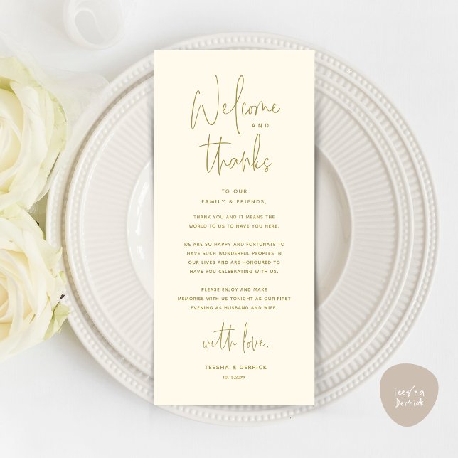 Bem-vindo e Obrigados, colocar Cartões de agradeci (Welcome and Thanks, Wedding Dinner Place Setting Thank You Card in Yellow Gold)