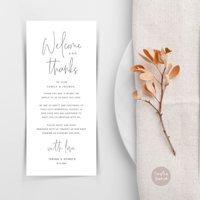 Bem-vindo e Obrigados, colocar Cartões de agradeci (Welcome and Thanks, Wedding Dinner Place Setting Thank You Card in Dark Grey)