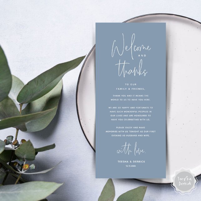 Bem-vindo e Obrigados, colocar Cartões de agradeci (Welcome and Thanks, Wedding Dinner Place Setting Thank You Card in Dusty Blue)