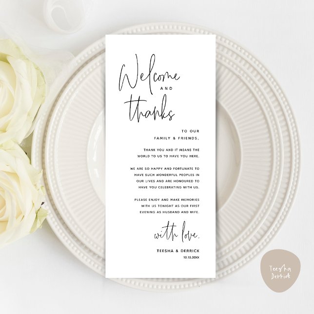 Bem-vindo e Obrigados, colocar Cartões de agradeci (Welcome and Thanks, Wedding Dinner Place Setting Thank You Card in Black and White)