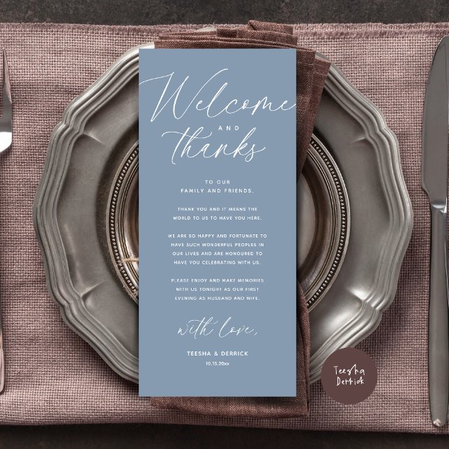 Bem-vindo e Obrigados, colocar Cartões de agradeci (Welcome and Thanks, Wedding Dinner Place Setting Thank You Card Modern Romantic Dusty Blue)
