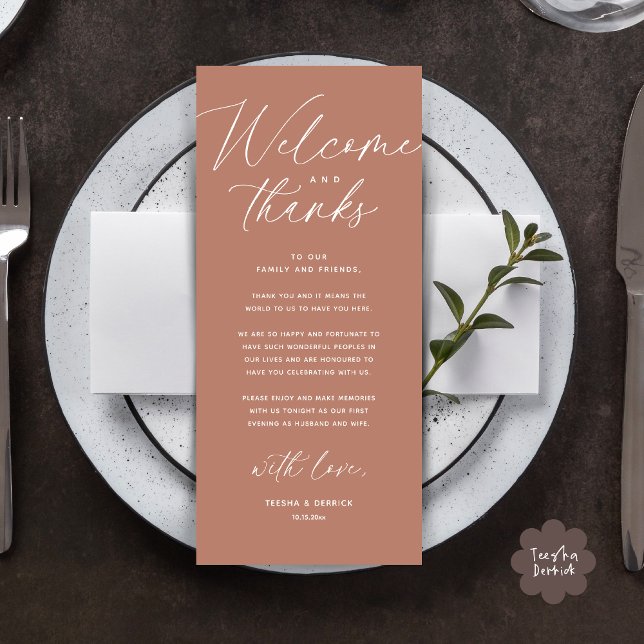 Bem-vindo e Obrigados, colocar Cartões de agradeci (Welcome and Thanks, Wedding Dinner Place Setting Thank You Card Modern Romantic Earthy Brown)