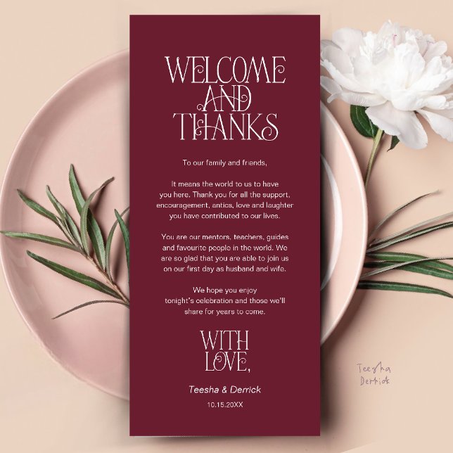 Bem-vindo & Obrigado, Cartão de Agradecimento de J (Welcome & Thanks, Place Setting Thank You Card in Wine Red Burgundy)