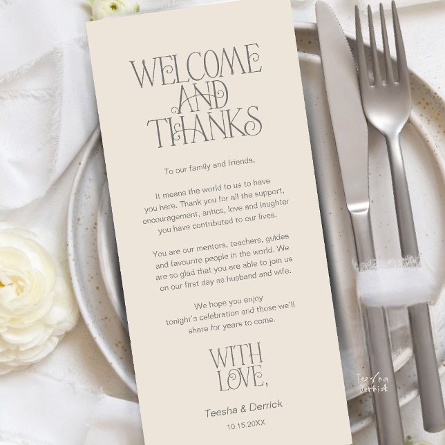 Bem-vindo & Obrigado, Cartão de Agradecimento de J (Welcome & Thanks, Place Setting Thank You Card in Cream Grey)
