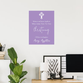 Bem-vindo Poster Floral Cross Christening Lilac