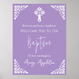 Bem-vindo Poster Floral Cross Christening Lilac