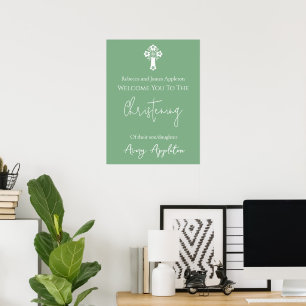 Bem-vindo Poster Floral Cross Christening Sage Gre