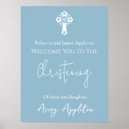 Bem-vindo Poster Floral Cross Christening Sky Blue