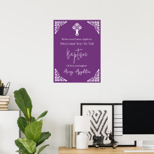 Bem-vindo Poster Floral Cross Christening Sweet Pl