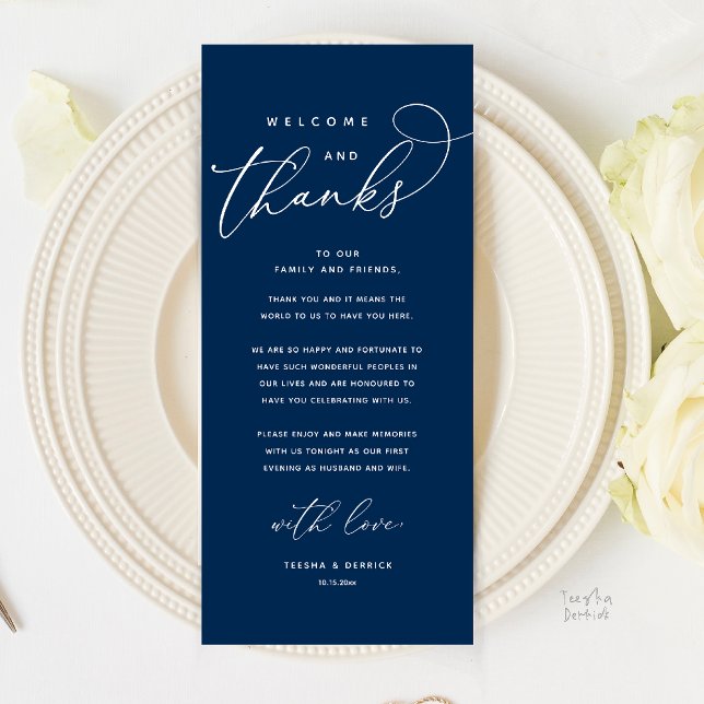 Bem-vindos e Obrigados, Cartões de agradecimentos  (Welcome and Thanks, Modern Dinner Wedding Boho Reception Thank You Card in Navy Blue)