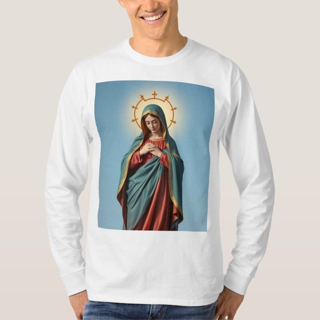 Bênção da Virgem Maria Camiseta de Longa Folga Mas (Frente)
