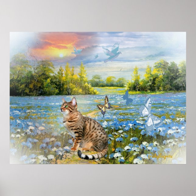 Bengala na cama das flores azuis Impressão (Frente)