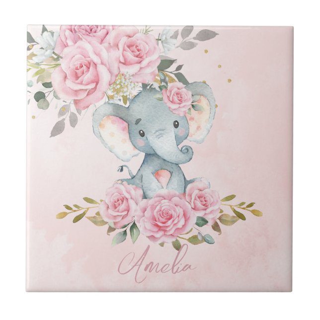Berçário Quarto de Bebê Elefante Floral Rosa Bebê  (Frente)