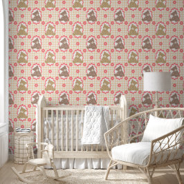Berçário Ursinho Gingham Floral em Bege e Rosa