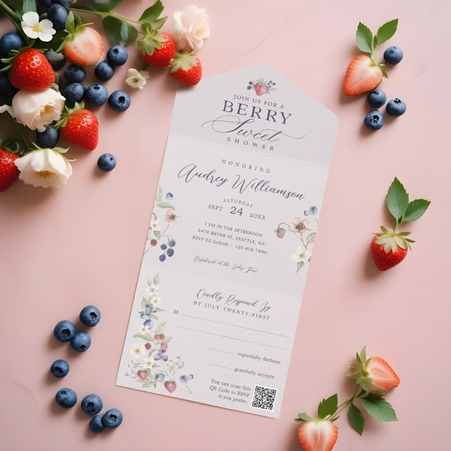 Berries e Flores Selvagens Chás de fraldas Berry S (Berry Sweet Baby Shower Wild Berries & Flowers All In One Invitation)