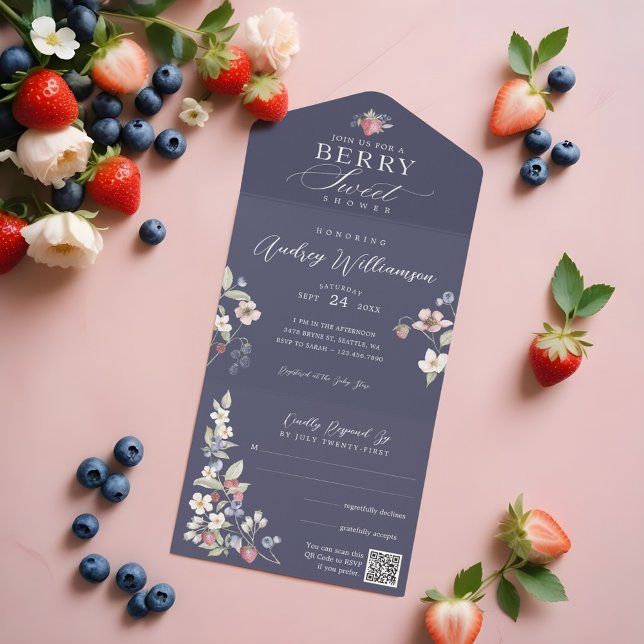 Berries e Flores Selvagens Chás de fraldas Berry S (Berry Sweet Baby Shower Wild Berries & Flowers All In One Invitation)