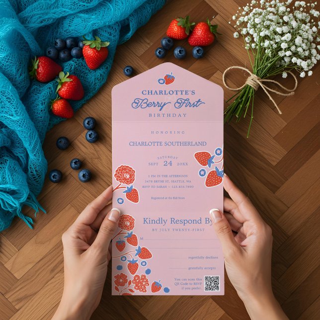 Berries e Flores Selvagens Chás de fraldas Berry S (Berry Sweet Baby Shower Wild Berries & Flowers All In One Invitation)