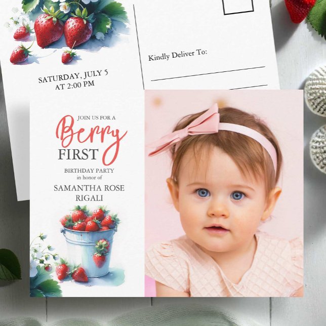 Berry First Birthday Convite (Berry first birthday invitations watercolor pint of strawberries with photo)